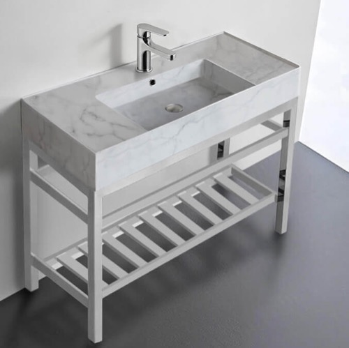 Console Sink - Metal Chrome Stand, Modern, 40 Inch, Marble Ceramic Sink Scarabeo 5124-F-CON2