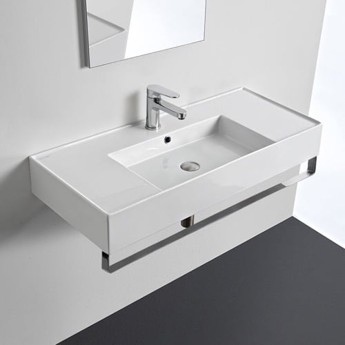 Rectangular Ceramic Wall Mounted Sink With Counter Space, Includes Towel Bar Scarabeo 5124-TB