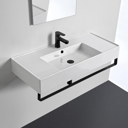 Rectangular Ceramic Wall Mounted Sink With Black Towel Bar Scarabeo 5124-TB-BLK