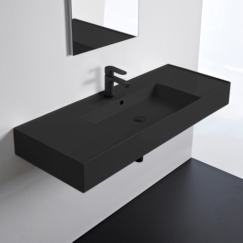 Black Ceramic Wall Mounted or Vessel Sink With Counter Space Scarabeo 5125-49