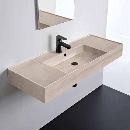Beige Travertine Ceramic Wall Mounted or Vessel Sink With Counter Space Scarabeo 5125-E