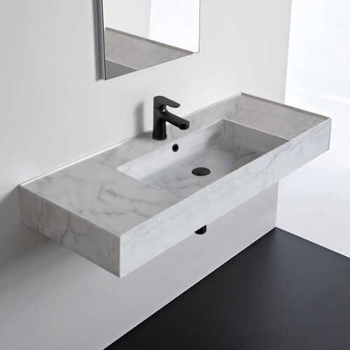 Marble Design Ceramic Wall Mounted or Vessel Sink With Counter Space Scarabeo 5125-F