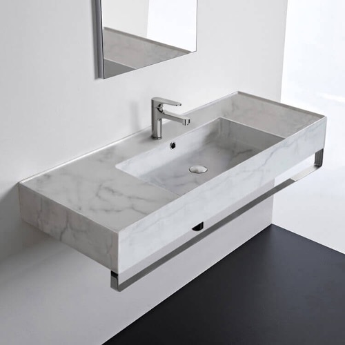 Wall Mounted Marble Design Ceramic Sink With Polished Chrome Towel Bar Scarabeo 5125-F-TB