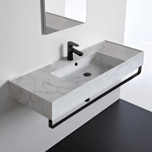 Wall Mounted Marble Design Ceramic Sink With Black Towel Bar Scarabeo 5125-F-TB-BLK