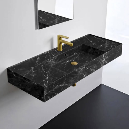 Black Marble Design Ceramic Wall Mounted or Vessel Sink With Counter Space Scarabeo 5125-G