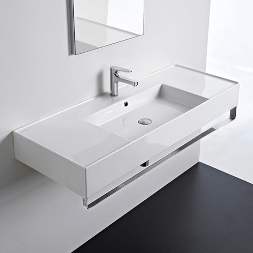 Rectangular Ceramic Wall Mounted Sink With Counter Space, Includes Towel Bar Scarabeo 5125-TB
