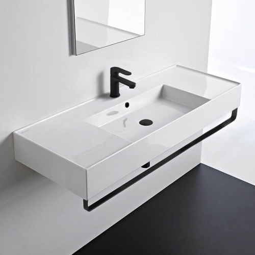 Rectangular Ceramic Wall Mounted Sink With Black Towel Bar Scarabeo 5125-TB-BLK