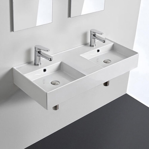 Double Rectangular Ceramic Wall Mounted or Vessel Sink With Counter Space Scarabeo 5142