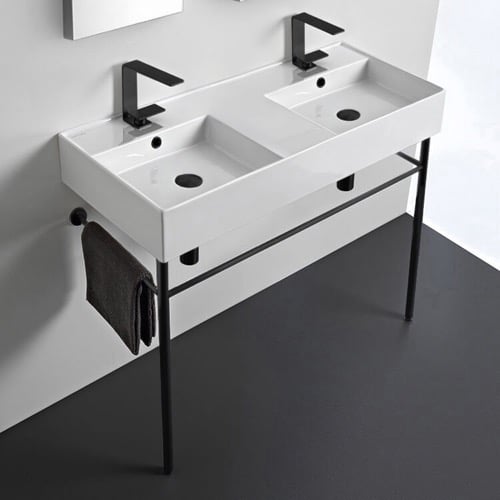 Double Ceramic Console Sink With Matte Black Stand, 40 Inch Scarabeo 5142-CON-BLK