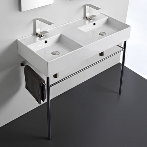 Double Ceramic Console Sink With Polished Chrome Stand, 40 Inch Scarabeo 5142-CON