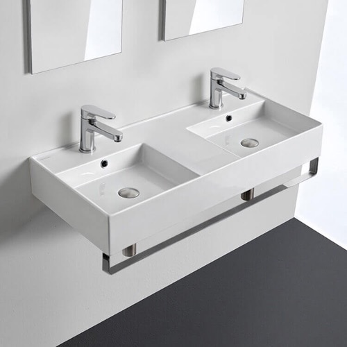 Double Ceramic Wall Mounted Sink With Polished Chrome Towel Holder Scarabeo 5142-TB