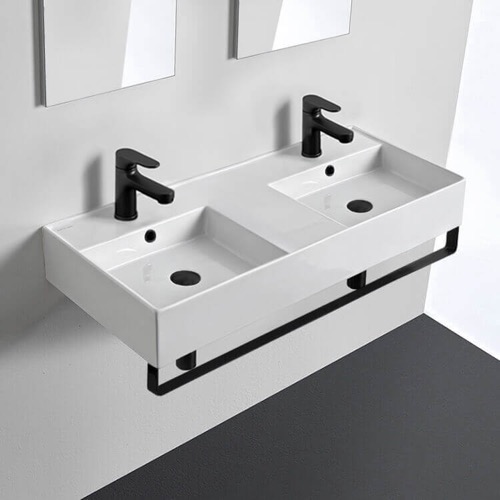 Double Ceramic Wall Mounted Sink With Black Towel Holder Scarabeo 5142-TB-BLK