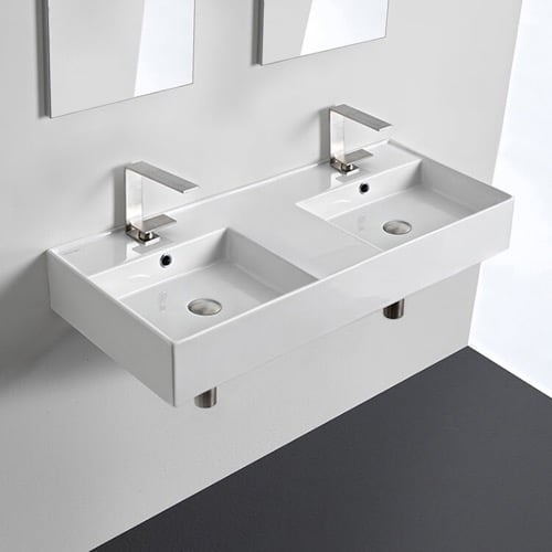 Double Rectangular Ceramic Wall Mounted or Vessel Sink With Counter Space Scarabeo 5142