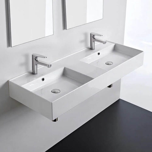 Double Rectangular Ceramic Wall Mounted or Vessel Sink With Counter Space Scarabeo 5143