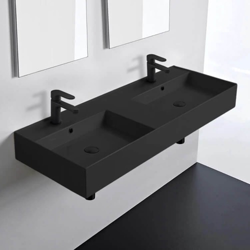 Double Black Ceramic Wall Mounted or Vessel Sink With Counter Space Scarabeo 5143-49
