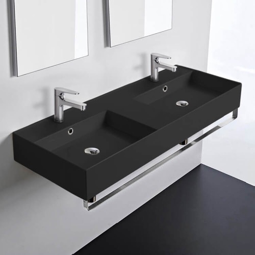 Double Black Wall Mounted Ceramic Sink With Polished Chrome Towel Bar Scarabeo 5143-49-TB