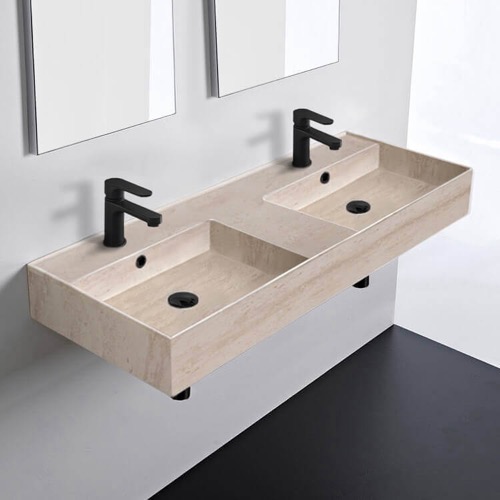 Beige Travertine Design Ceramic Wall Mounted or Vessel Double Sink With Counter Space Scarabeo 5143-E