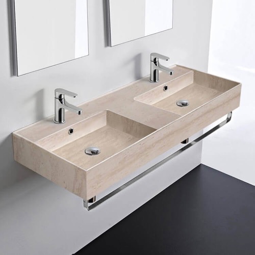 Beige Travertine Design Ceramic Wall Mounted Double Sink With Polished Chrome Towel Holder Scarabeo 5143-E-TB