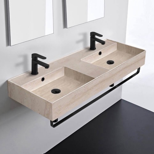 Beige Travertine Design Ceramic Wall Mounted Double Sink With Black Towel Holder Scarabeo 5143-E-TB-BLK
