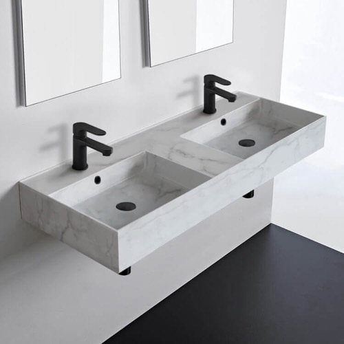Marble Design Ceramic Wall Mounted or Vessel Double Sink With Counter Space Scarabeo 5143-F