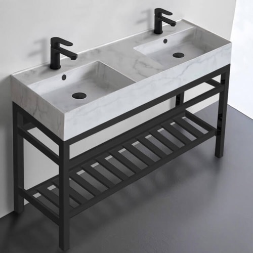 Modern Double Console Sink Vanity, Marble Style Sink, 48 Inch Scarabeo 5143-F-CON2-BLK
