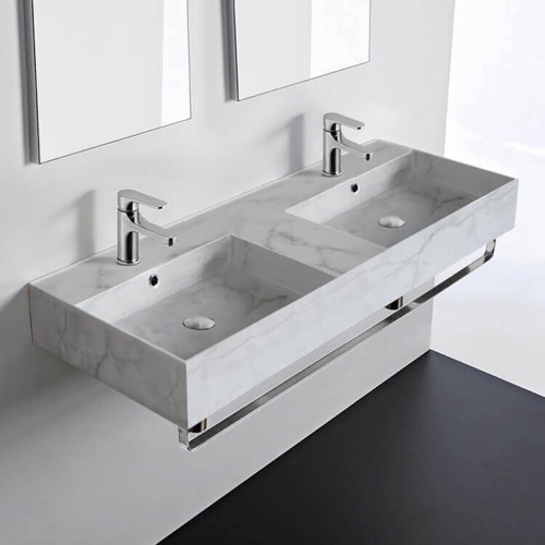 Marble Design Ceramic Wall Mounted Double Sink With Polished Chrome Towel Holder Scarabeo 5143-F-TB
