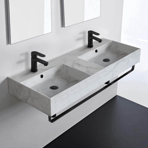 Marble Design Ceramic Wall Mounted Double Sink With Black Towel Holder Scarabeo 5143-F-TB-BLK
