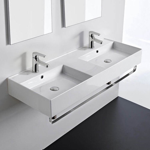 Double Ceramic Wall Mounted Sink With Polished Chrome Towel Holder Scarabeo 5143-TB