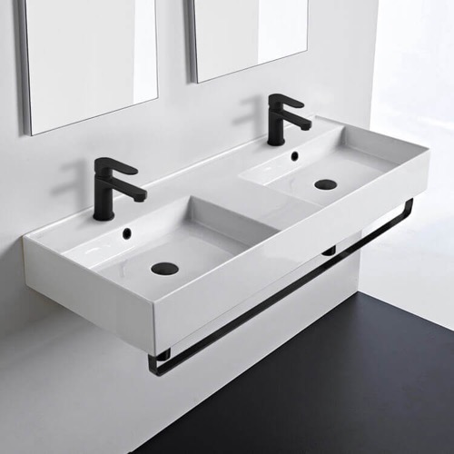 Double Ceramic Wall Mounted Sink With Black Towel Holder Scarabeo 5143-TB-BLK