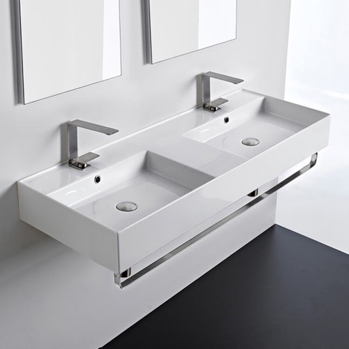 Double Ceramic Wall Mounted Sink With Polished Chrome Towel Holder Double Ceramic Wall Mounted Sink With Polished Chrome Towel Holder Scarabeo 5143-TB