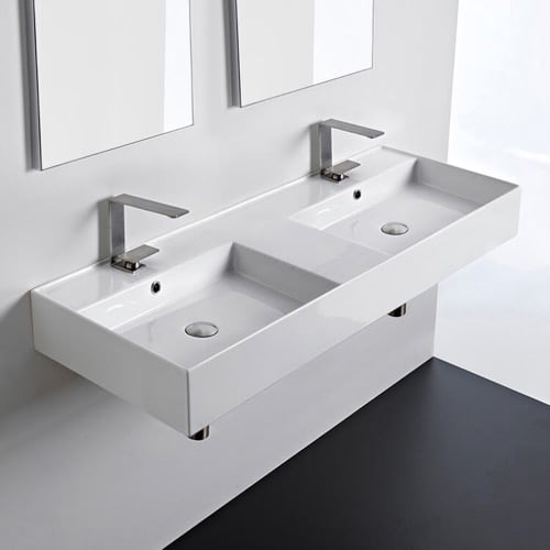 Double Rectangular Ceramic Wall Mounted or Vessel Sink With Counter Space Double Rectangular Ceramic Wall Mounted or Vessel Sink With Counter Space Scarabeo 5143