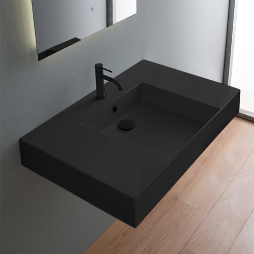 Black Ceramic Wall Mounted or Vessel Sink With Counter Space Scarabeo 5151-49