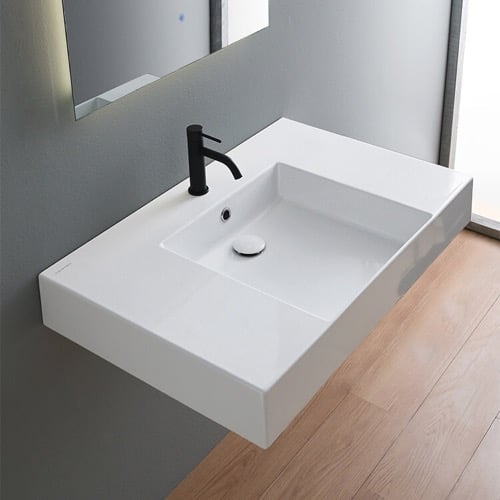 Rectangular Ceramic Wall Mounted or Vessel Sink With Counter Space Scarabeo 5151