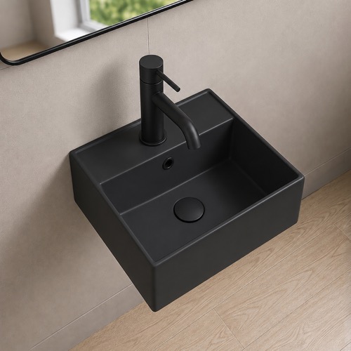 Wall Mount Sink - Black, Small, Modern, Square, 12 Inch, Ceramic Scarabeo 5155-49