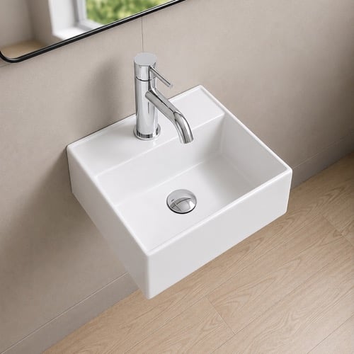 Small Wall Mount Sink - 12 Inch, Square, Modern, Ceramic, White Scarabeo 5155
