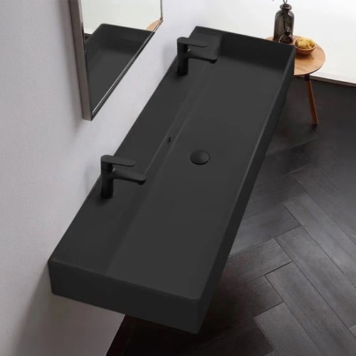 Black Ceramic Trough Wall Mounted or Vessel Sink Scarabeo 5158/R-140B-49