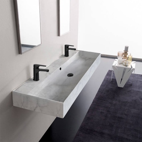 Marble Design Ceramic Trough Wall Mounted or Vessel Sink Scarabeo 5158/R-140B-F