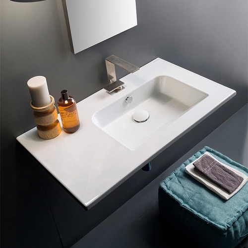 Sleek Rectangular Ceramic Wall Mounted Sink With Counter Space Scarabeo 5212