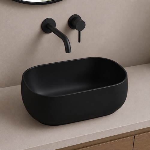 Vessel Sink - 18 Inch, Oval, Modern, Ceramic, Matte Black Scarabeo 5604-49