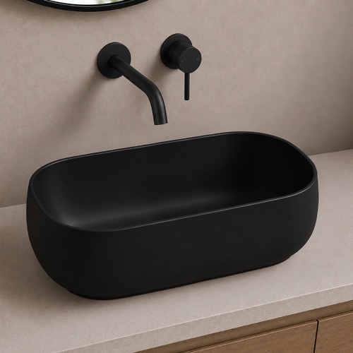 Vessel Sink - 22 Inch, Oval, Modern, Ceramic, Matte Black Scarabeo 5605-49