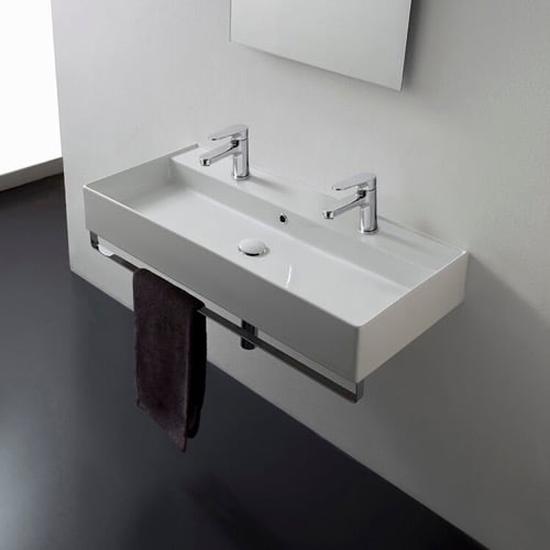 Wall Mounted Double Ceramic Sink With Polished Chrome Towel Bar Scarabeo 8031/R-100B-TB