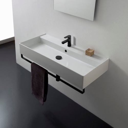 Rectangular Wall Mounted Ceramic Sink With Black Towel Bar Scarabeo 8031/R-120A-TB-BLK