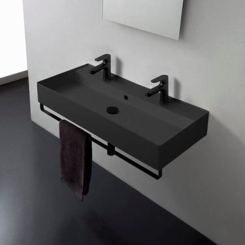 Double Black Wall Mounted Ceramic Sink With Black Towel Bar Scarabeo 8031/R-120B-49-TB-BLK