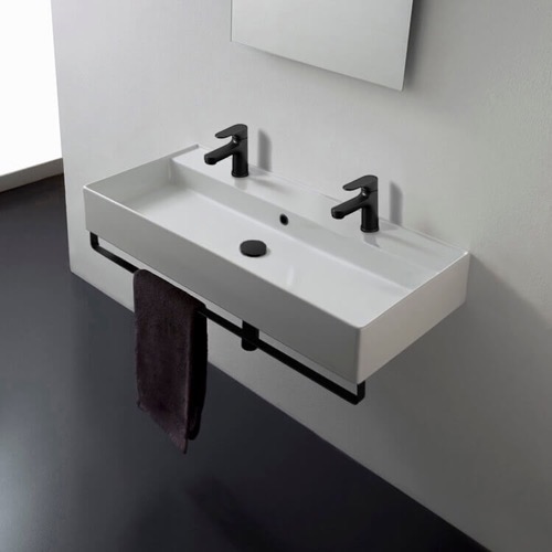 Wall Mounted Double Ceramic Sink With Black Towel Bar Scarabeo 8031/R-120B-TB-BLK