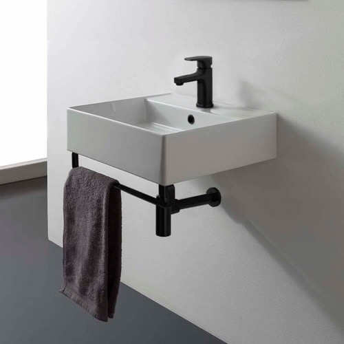 Square Wall Mounted Ceramic Sink With Black Towel Bar Scarabeo 8031/R-40-TB-BLK