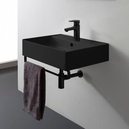 Black Ceramic Wall Mounted Sink With Black Towel Bar Scarabeo 8031/R-60-49-TB-BLK