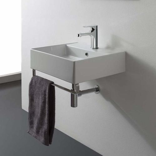 Square Wall Mounted Ceramic Sink With Polished Chrome Towel Bar Scarabeo 8031/R-TB