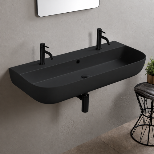 Black Ceramic Trough Wall Mounted or Vessel Sink Scarabeo 1813B-49