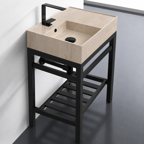 Small Modern Console Sink Vanity, Travertine Style Sink, 24 Inch Scarabeo 5114-E-CON2-BLK
