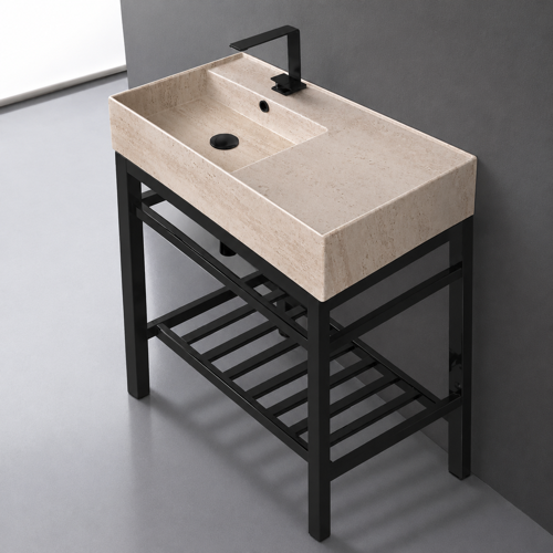 Modern Console Sink Vanity, Travertine Style Sink, 32 Inch Scarabeo 5115-E-CON2-BLK